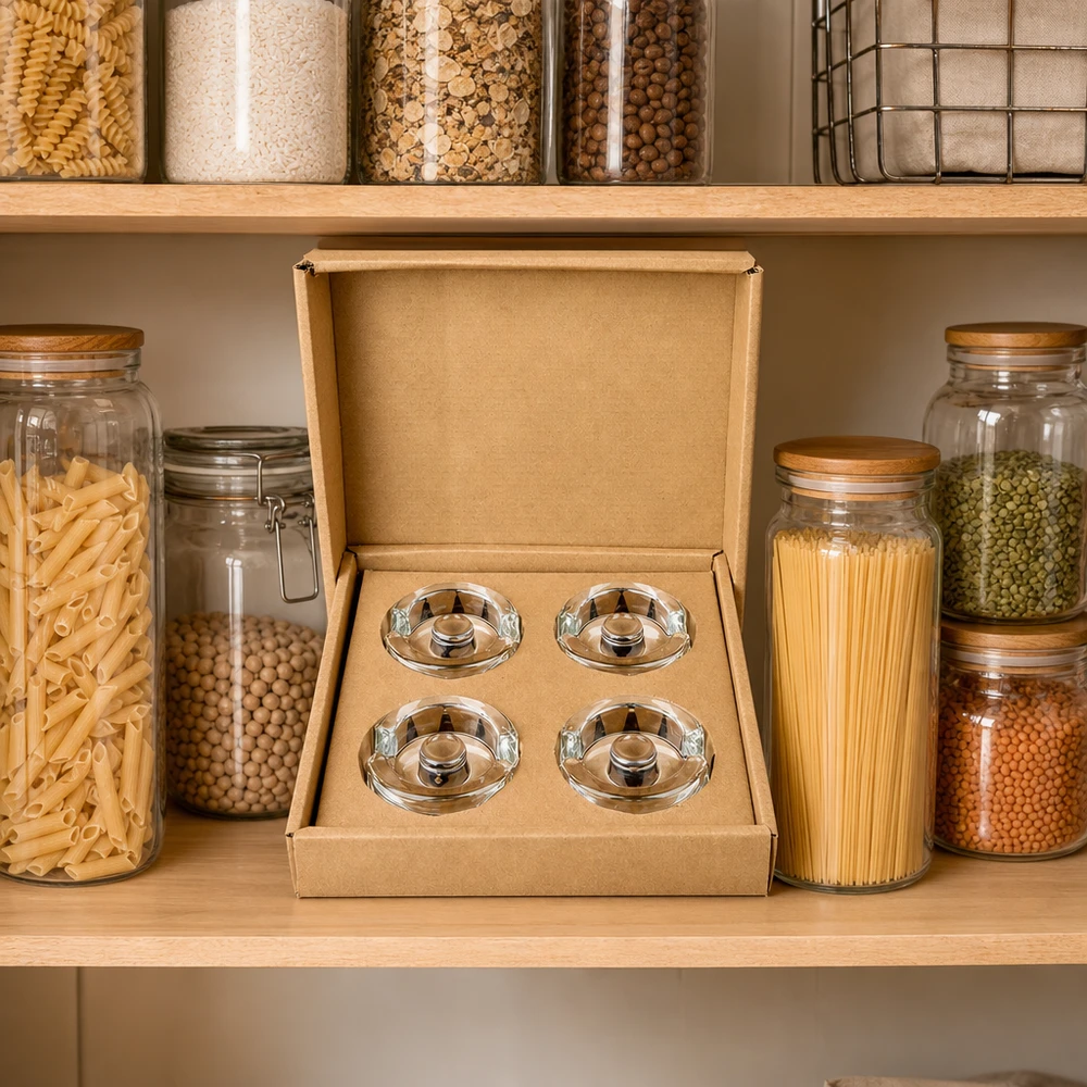 Fermentier-Glasgewichte mit Griff 4er Set UNiTWIST UNiTWIST Fermentier-Glasgewichte 4er Set in Vorratsregal zwischen Einmachgläsern mit Pasta und Hülsenfrüchten