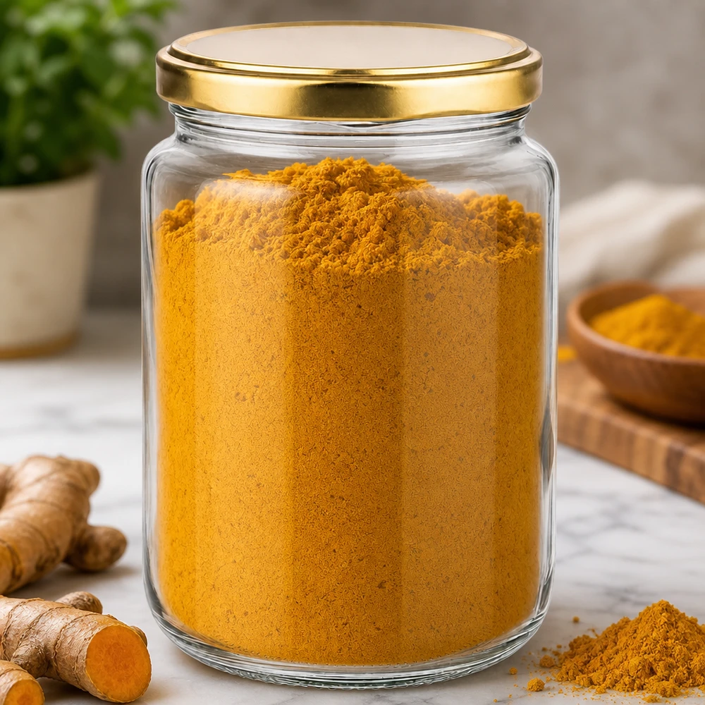 795ml Rundglas mit BasicSeal Deckel gold UNiTWIST 795ml Rundglas mit goldenem UNiTWIST Deckel gefüllt mit Kurkuma Pulver zur Gewürzaufbewahrung in der Küche