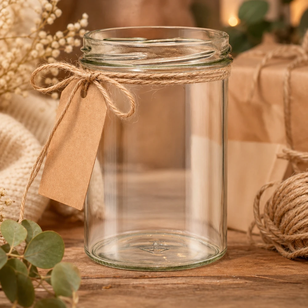 435ml Sturzglas ohne Deckel (TO82) UNiTWIST UNiTWIST Sturz435 Einmachglas 435ml dekorativ mit Juteschnur und Geschenkanhänger auf rustikalem Holztisch