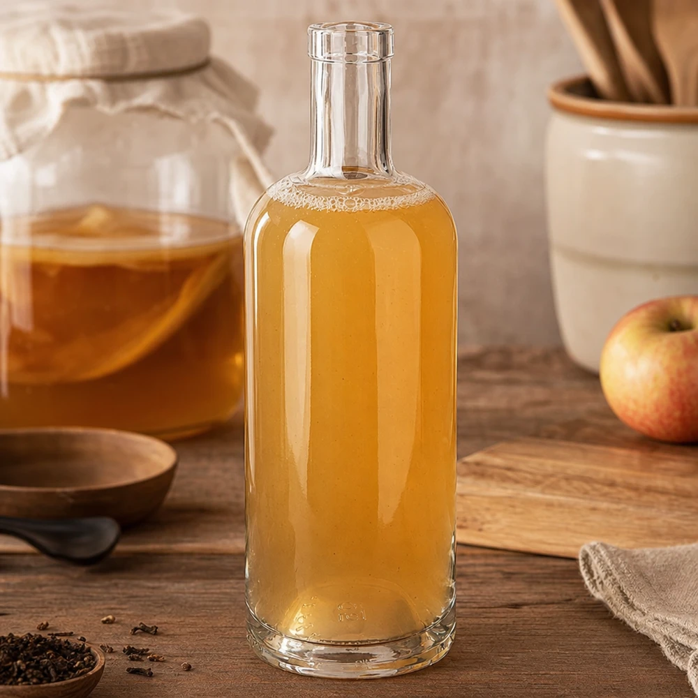 750ml Glasflasche Emma mit Apfelessig gefüllt in rustikaler Küche neben Apfel und Küchenutensilien auf Holzbrett