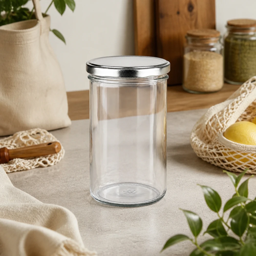 277ml Sturzglas mit BasicSeal Deckel silber UNiTWIST 277ml Sturzglas mit BasicSeal Deckel silber in nachhaltiger Zero-Waste Küche neben Korbwaren und Vorratsgläsern