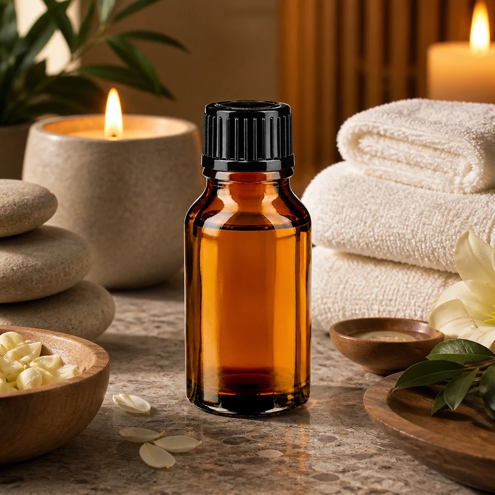 15ml Braunglas Fläschchen schwarz verschlossen umgeben von Jasminblüten und Natursteinen