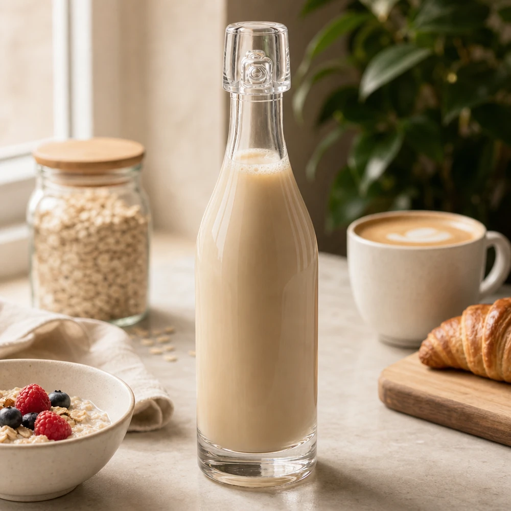 50ml Glasflasche UNiTWIST mit Hafermilch befüllt zwischen Frühstückszutaten Müslischale und Croissant Küchentisch