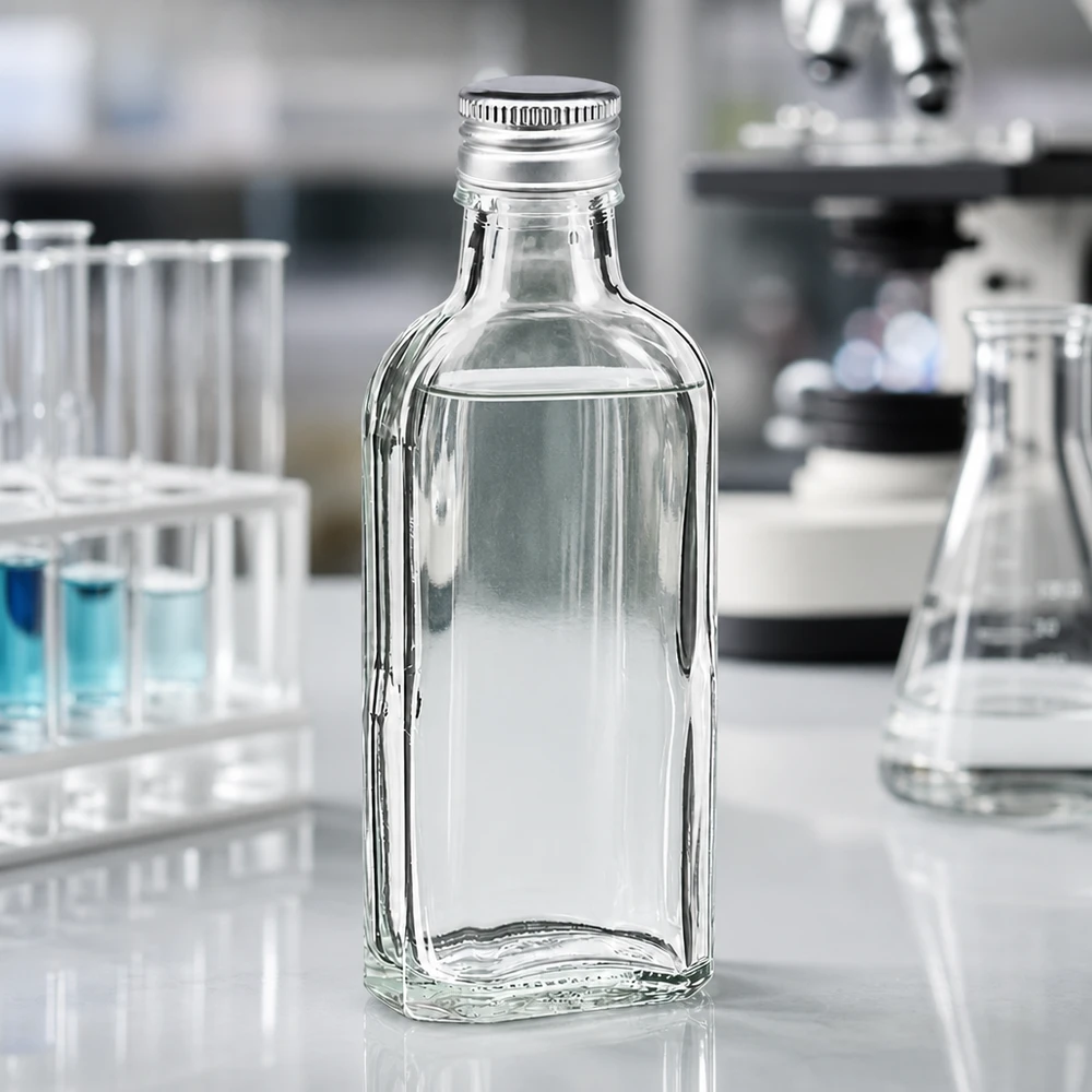 100 ml Meplat klar mit Alu Verschluss silber PP22 Kompakte 100ml Meplat Flasche aus Klarglas mit silbernem PP22 Aluminiumverschluss