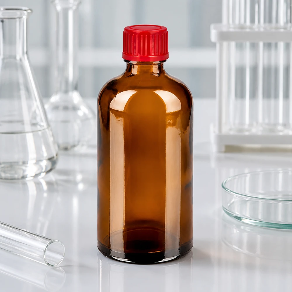 100ml Flasche 11mm Schraubverschluss rot Standard BrownLine UT18/100 Vielseitige 100ml BrownLine Flasche mit rotem UT18 Verschluss für Kosmetik und Pharmazie