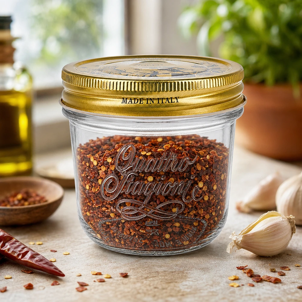 200ml Sturzglas "Quattro Stagioni" mit Deckel 200ml Quattro Stagioni Sturzglas mit goldenem Deckel gefüllt mit Chili-Gewürzmischung Made in Italy auf Küchenarbeitspla