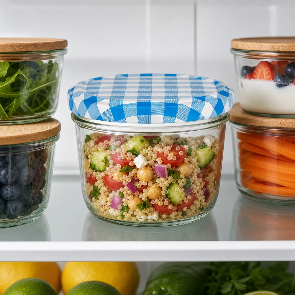 230ml Sturzglas + BasicSeal Deckel blau/weiß UNiTWIST 230ml Sturzglas mit blau-weißem BasicSeal Deckel als Meal-Prep Container für Quinoasalat im Kühlschrank