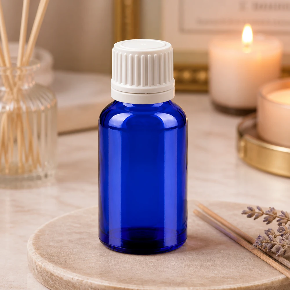 20ml Tropfflasche 0.7mm weiß Originalitätsverschluss BlueLine UT18/20 Stilvolle blaue 20ml Glasflasche mit weißem Tropfverschluss für Naturkosmetik