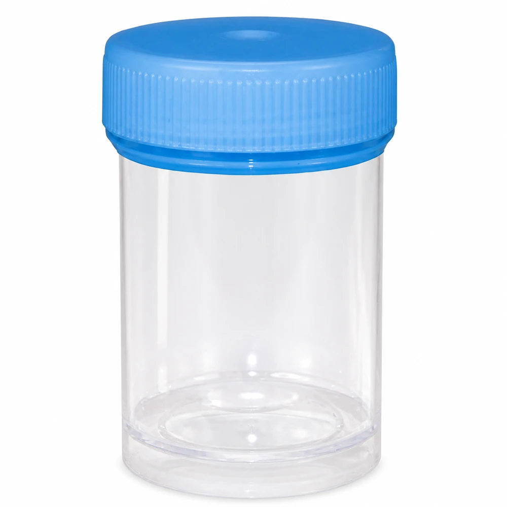 Steriles Probenröhrchen 35ml aus klarem Kunststoff mit blauem Deckel für Urinproben