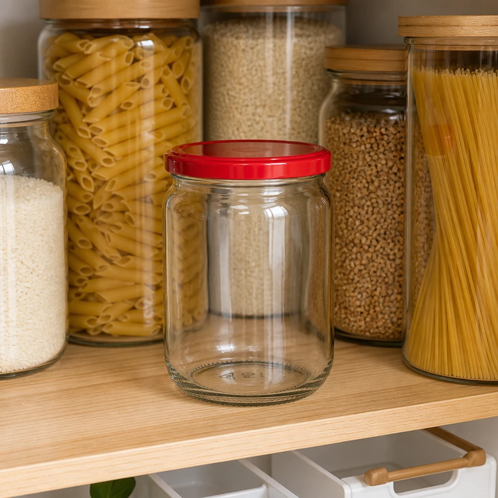 Zylindrisches 555ml Vorratsglas UNiTWIST mit rotem Deckel im modernen Küchenregal