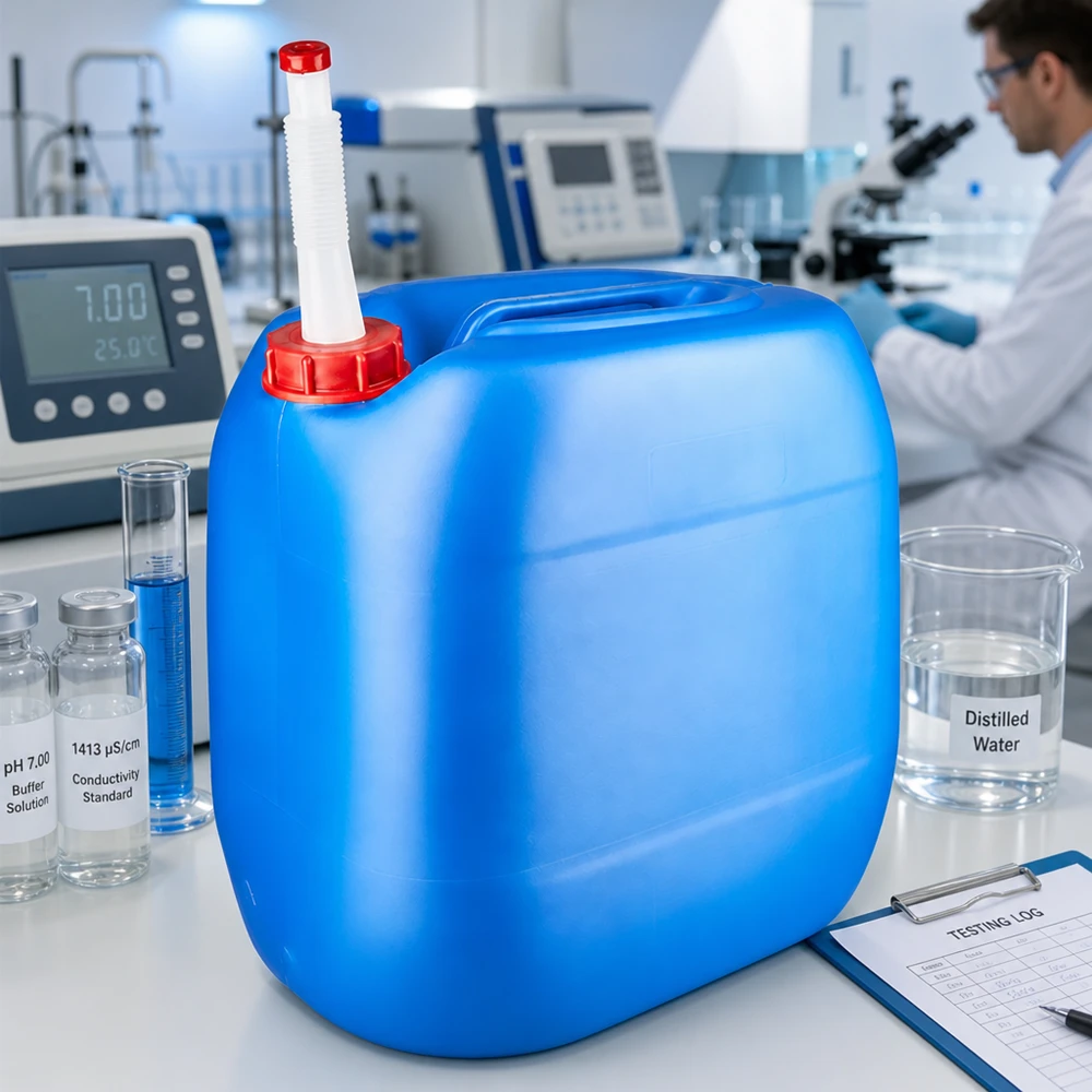 Chemikalienkanister 30L mit weißem Flex-Rohr für sichere Lagerung und Ausgabe im Laborbereich
