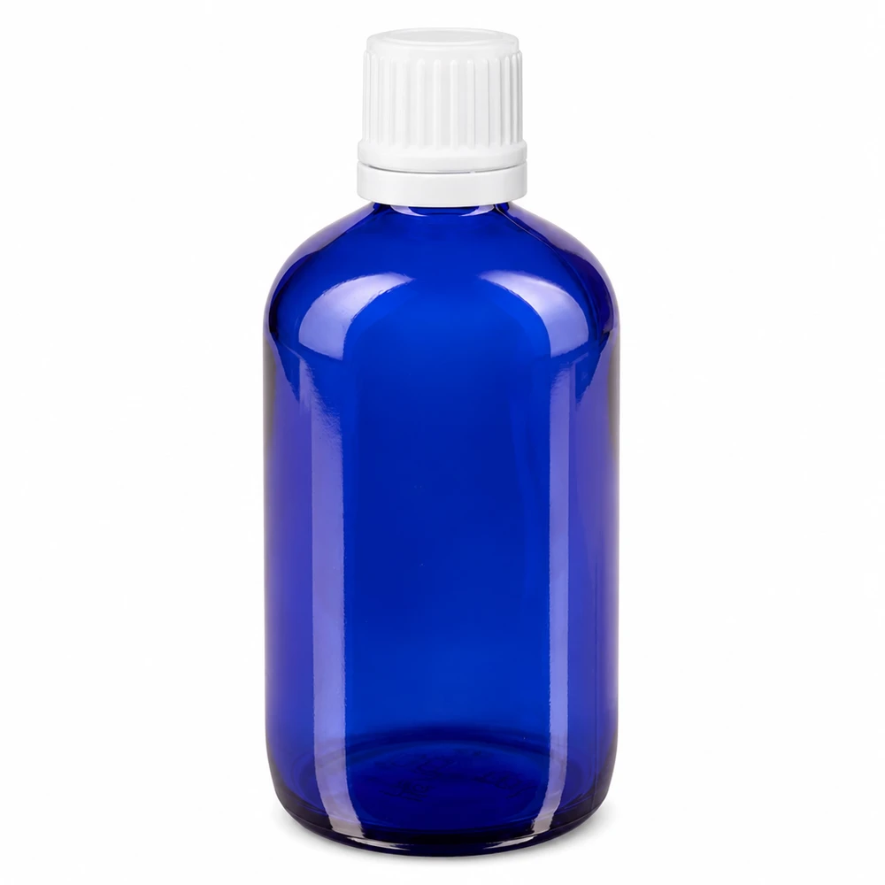 Apothekenflasche blau 100ml Tropfverschluss 1.2mm weiß Originalitätsverschluss 100ml UV-Schutz Tropfflasche blau mit weißem Originalitätsverschluss für ätherische Öle