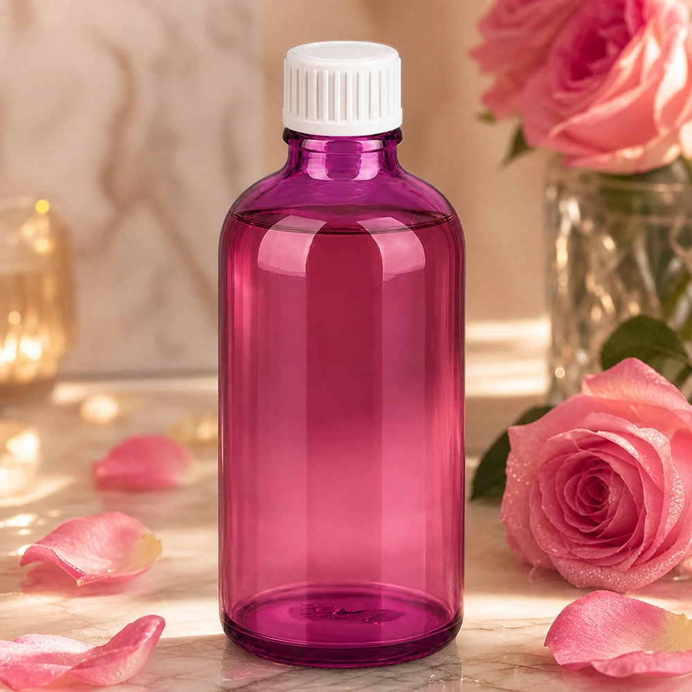 100ml (Globuli)Flasche 3mm Giessring weiß Standard PurpleLine. UT18/100 Kompakte 100ml Glasflasche in Violett mit auslaufsicherem weißem Deckel für Reisen