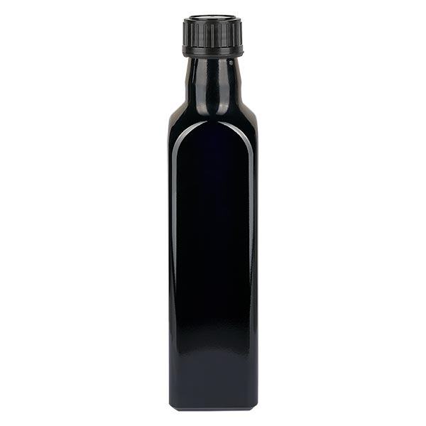 Oelflasche Violettglas 500ml eckig, schw. Schraubverschluss