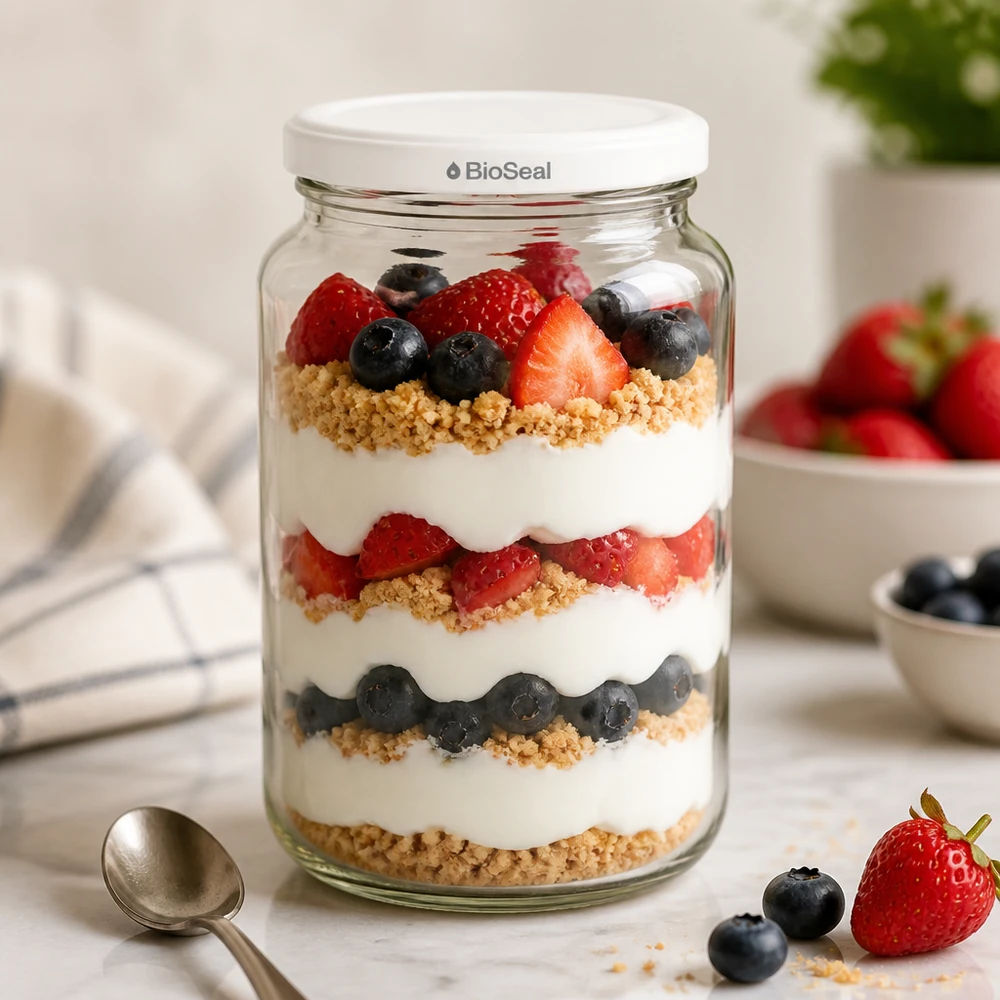 UNiTWIST Runda382 mit weissem Deckel TO66 BioSeal UNiTWIST Runda382 als Dessertglas - geschichteter Joghurt mit Beeren und Granola im BioSeal Einmachglas
