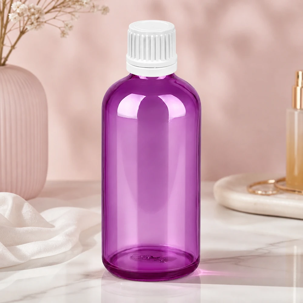 Professionelle 100ml violette Flasche mit präzisem Gewinde und hygienischem weissen Schraubdeckel