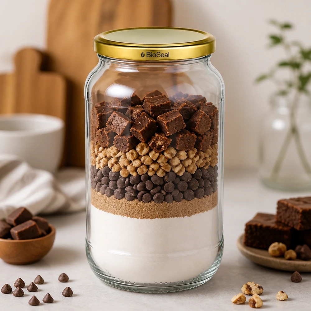 1062ml Rundglas mit BioSeal Deckel gold UNiTWIST UNiTWIST Runda1062 Schichtglas Brownie-Mix Schokolade Nüsse TO82 BioSeal Golddeckel Backmischung Vorratsjar
