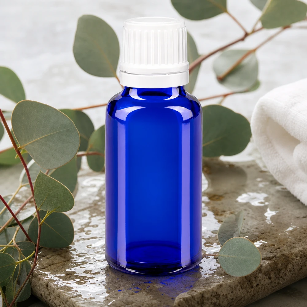 Apothekenflasche blau 20ml Tropfverschluss 1.2mm weiß Originalitätsverschluss Lichtschützende kobaltblaue Glasflasche 20ml mit weißem OV-Verschluss für Heilmittel und Essenzen