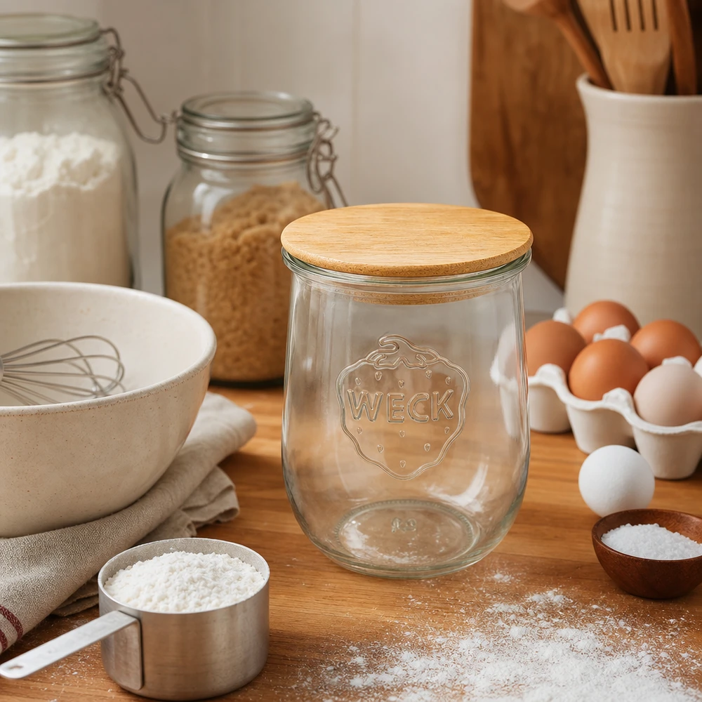 WECK Tulpenglas RR100 1062ml leer mit Holzdeckel in rustikaler Küche zwischen Backzutaten Eiern Mehl Utensilien