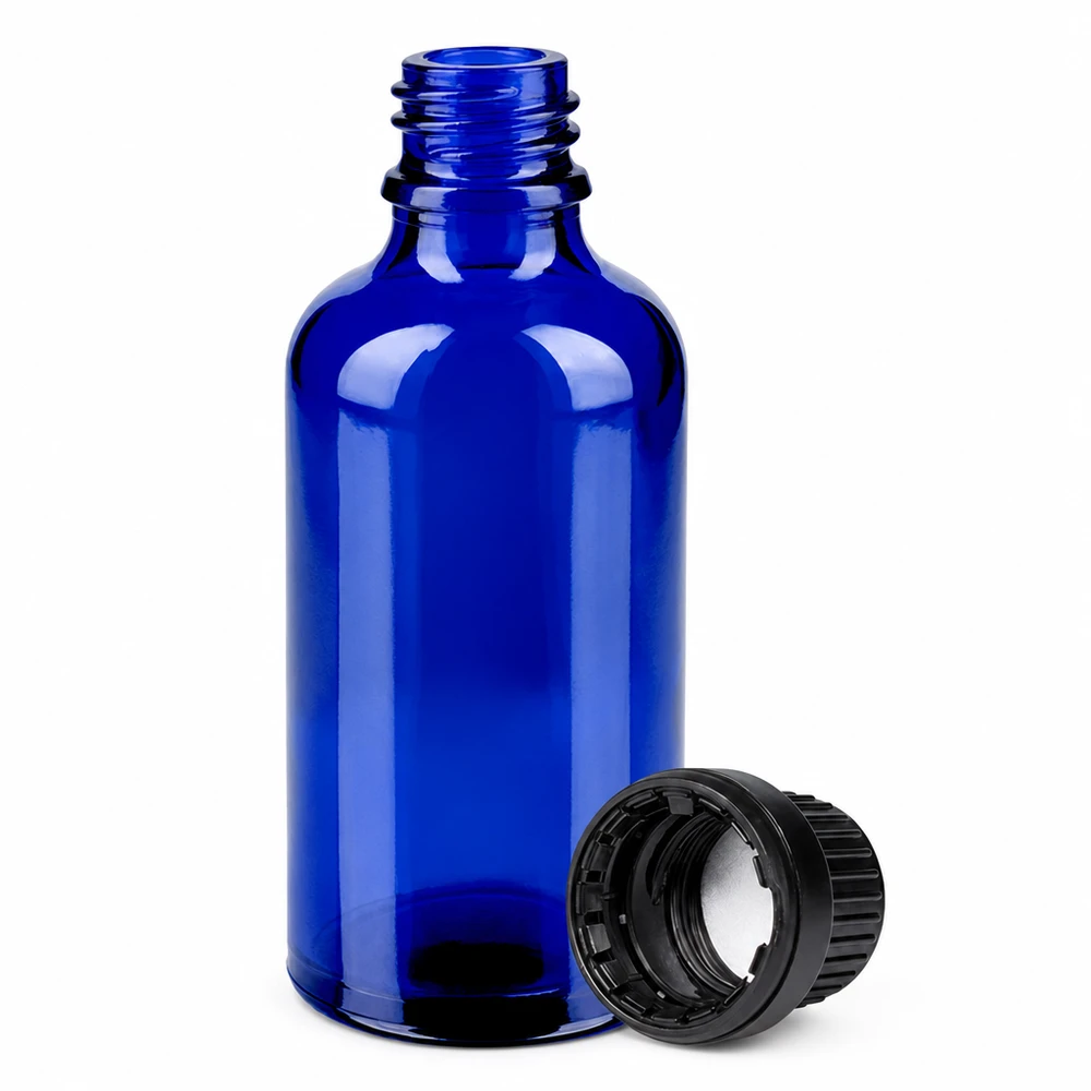 50ml Flasche 11mm Schraubverschluss schwarz Originalitätsverschluss BlueLine UT18/50 Premium 50ml Apothekerflasche in Kobaltblau mit schwarzem tamper evident Verschluss