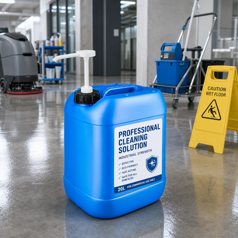 Kanister 20 Liter blau mit Dosierpumpe Blauer 20L Kanister mit Dosierpumpe umgeben von professionellem Reinigungsgerät und Putzwagen