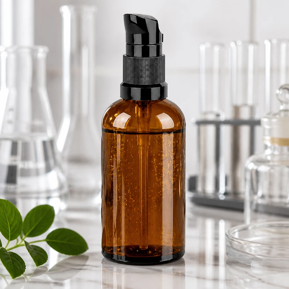 100ml Pumpflasche schwarz Standardverschluss BrownLine UT18/100 Wiederverwendbare 100ml Pumpflasche aus robustem Braunglas für nachhaltige Kosmetikverpackung