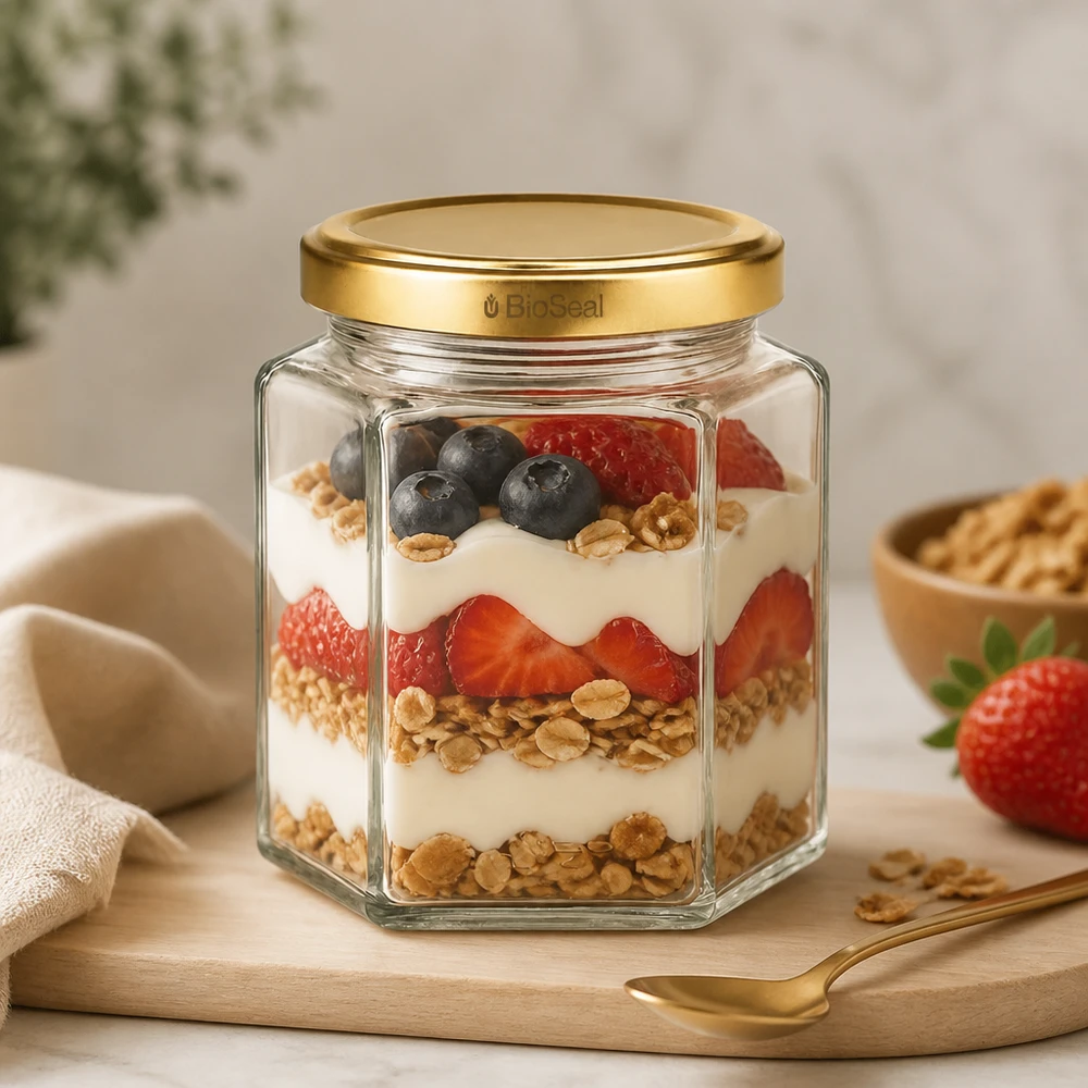 UNiTWIST Hexa390 Glas mit TO70 BioSeal Deckel befüllt mit Müsli Joghurt Beeren als Parfait auf Holzbrett