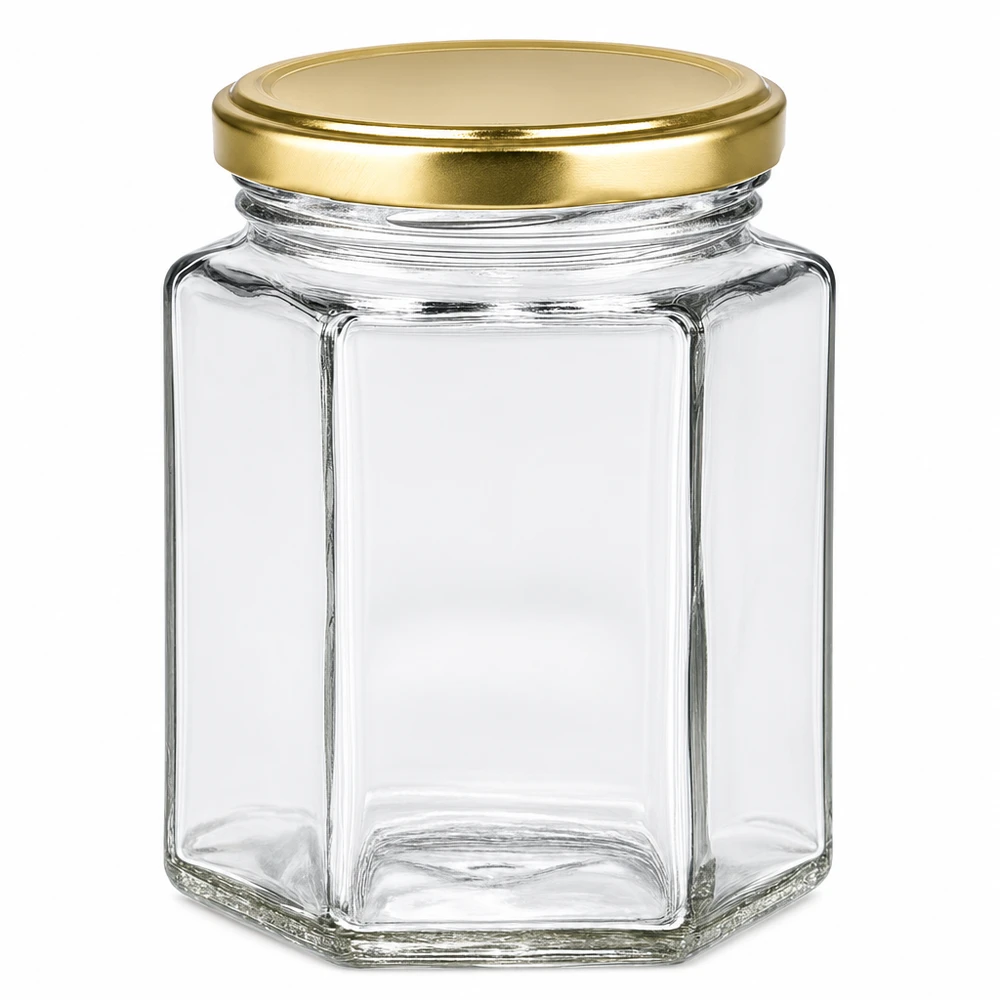 250g Honigglas mit goldenem Deckel BasicSeal UNiTWIST 250g Honigglas hexagonal mit goldenem Deckel BasicSeal leer transparent für Honig Marmelade Aufbewahrung