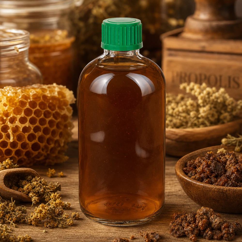 Braun gefärbter Propolis Extrakt in 100ml Klarglasflasche mit grünem Kindersicherungsdeckel