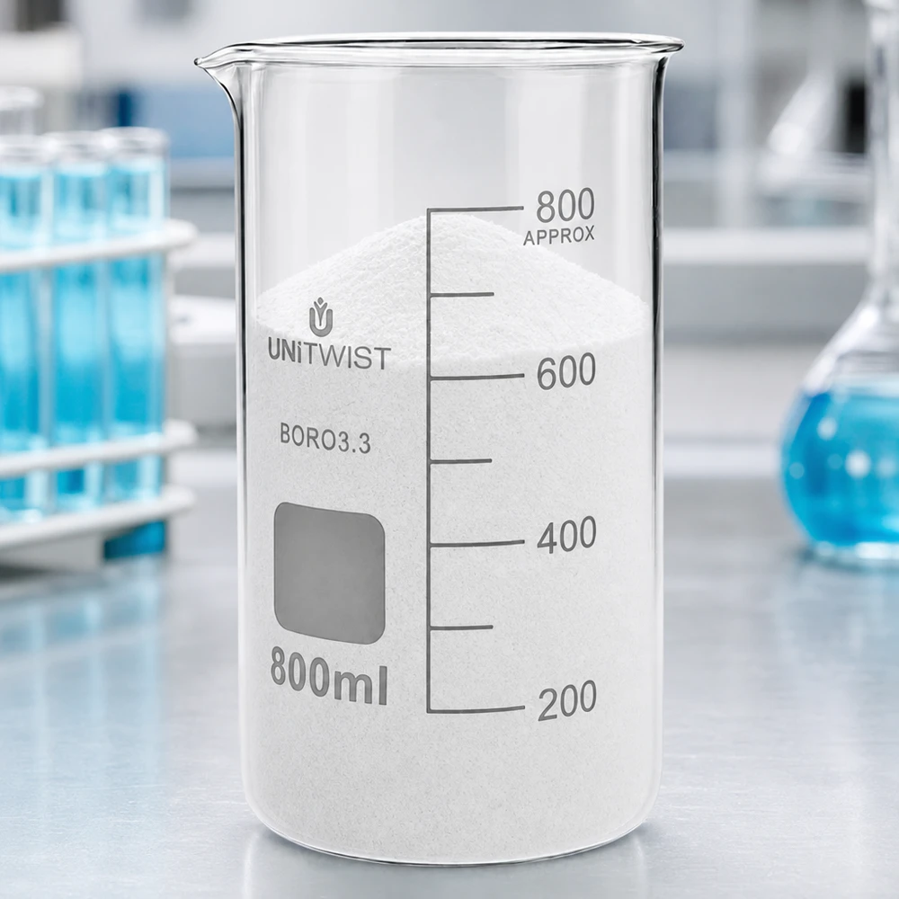 Becherglas 800ml Borosilikat, hohe Form UNiTWIST UNITWIST Becherglas 800ml hohes Modell Borosilikat mit weißem Chemikalienpulver befüllt
