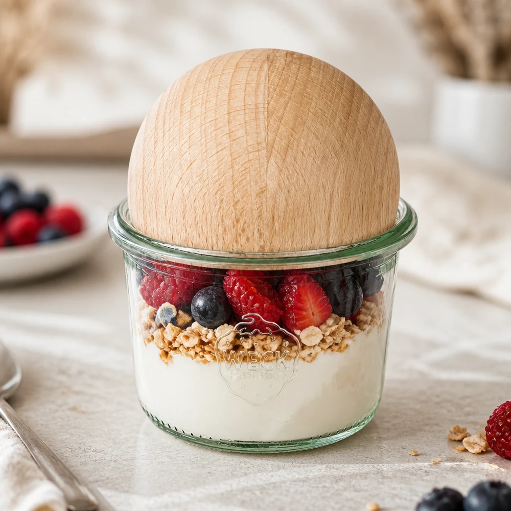 80ml Sturzglas WECK RR60 mit Holzkugel Buche WECK Sturzglas 80ml RR60 mit Buchenholzkugel gefüllt mit Joghurt, Granola und Beeren als Frühstücks-Parfait