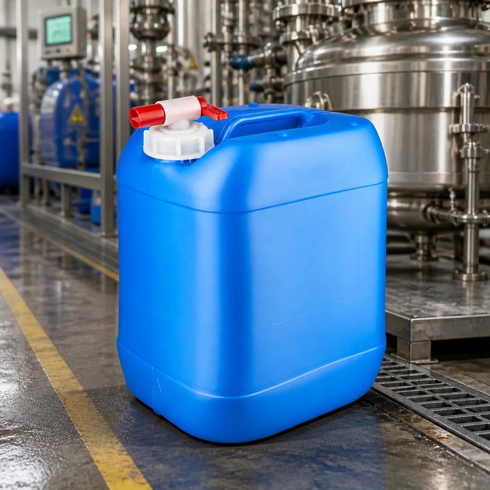 Rechteckiger 20-Liter-Kanister blau mit Schraubverschluss und Zapfhahn für sichere Entnahme