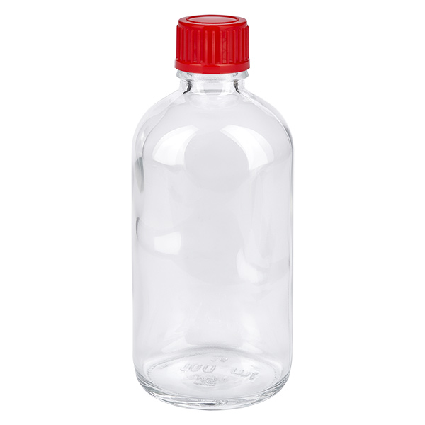 100ml Flasche 11mm Schraubverschluss rot Standard ClearLine UT18/100 Klarglas Rundflasche 100ml mit rotem 11mm Schraubverschluss ClearLine Serie UT18/100