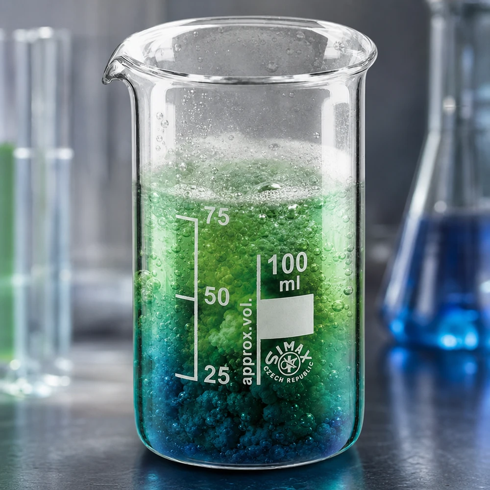 Transparentes Borosilikatglas 100ml hohe Form mit mehrschichtigem blau-grünem Reaktionsgemisch