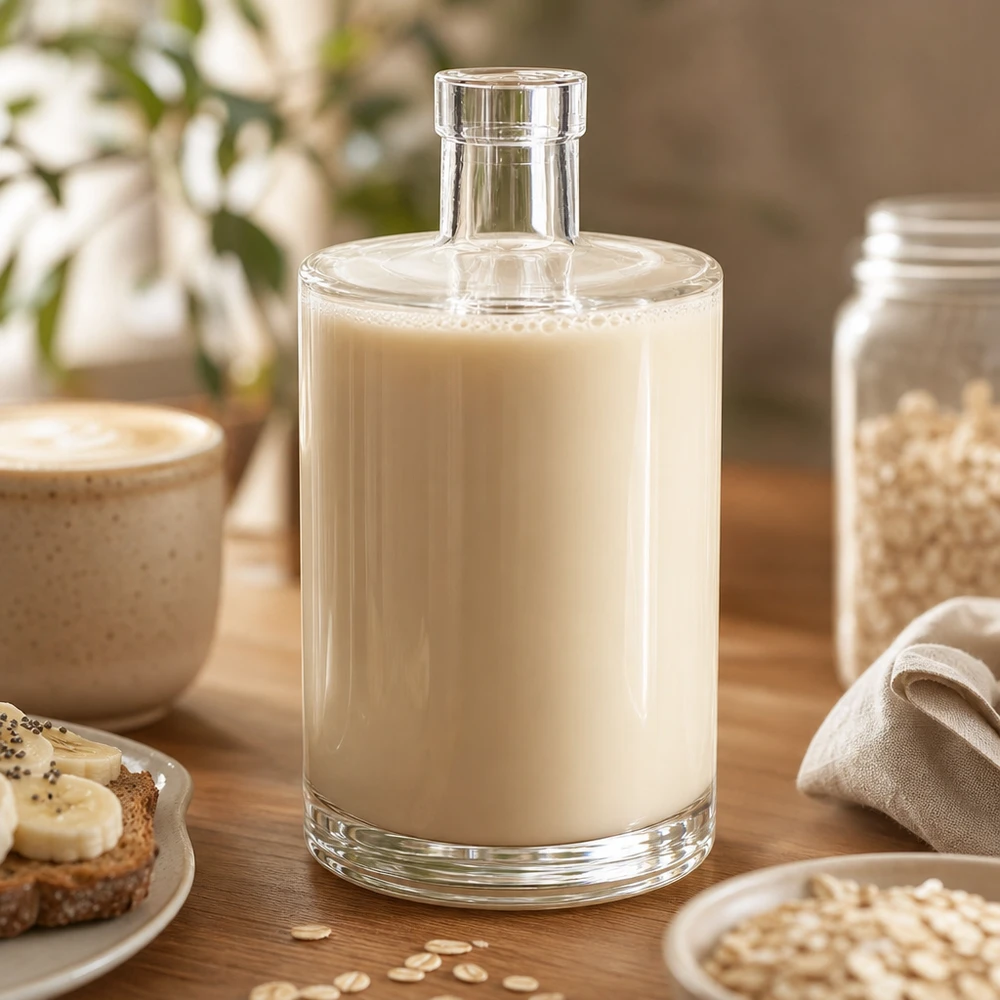700ml Glasflasche Marie mit Hafermilch befüllt auf Holztisch neben Müslischale und Haferflocken in Küche