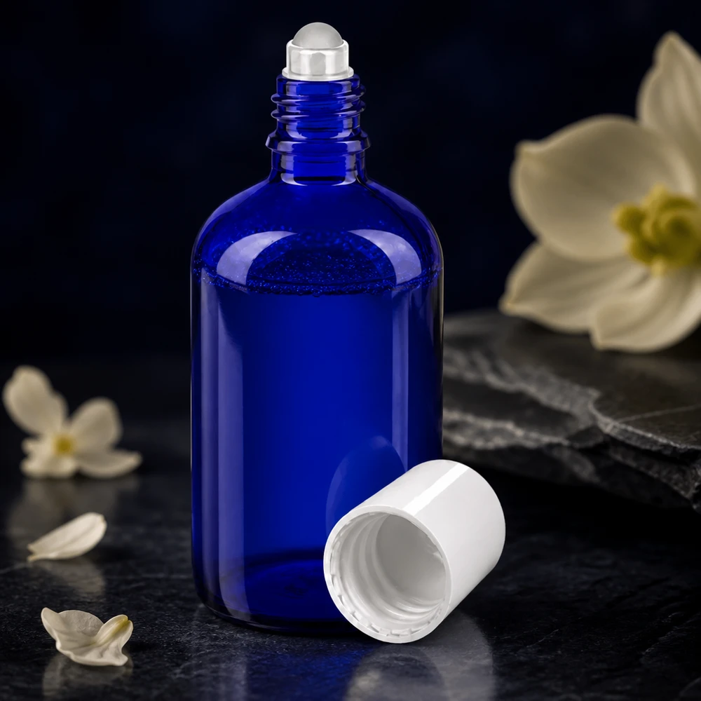 Tiefblaue Roll-On Glasflasche 100ml für ätherische Öle und Parfum mit Rollkugel-Auftragen