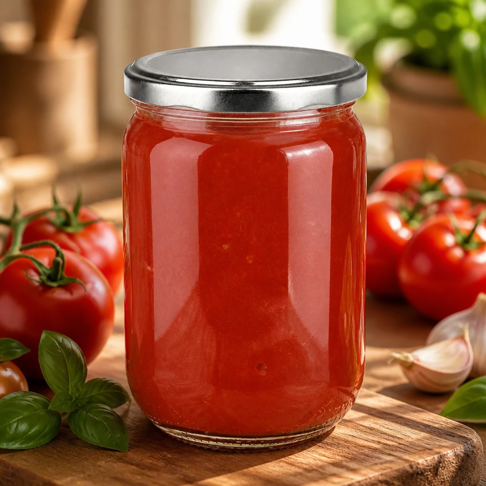 555ml Rundglas UNiTWIST gefuellt mit passierter Tomate neben frischem Basilikum und roten Tomaten