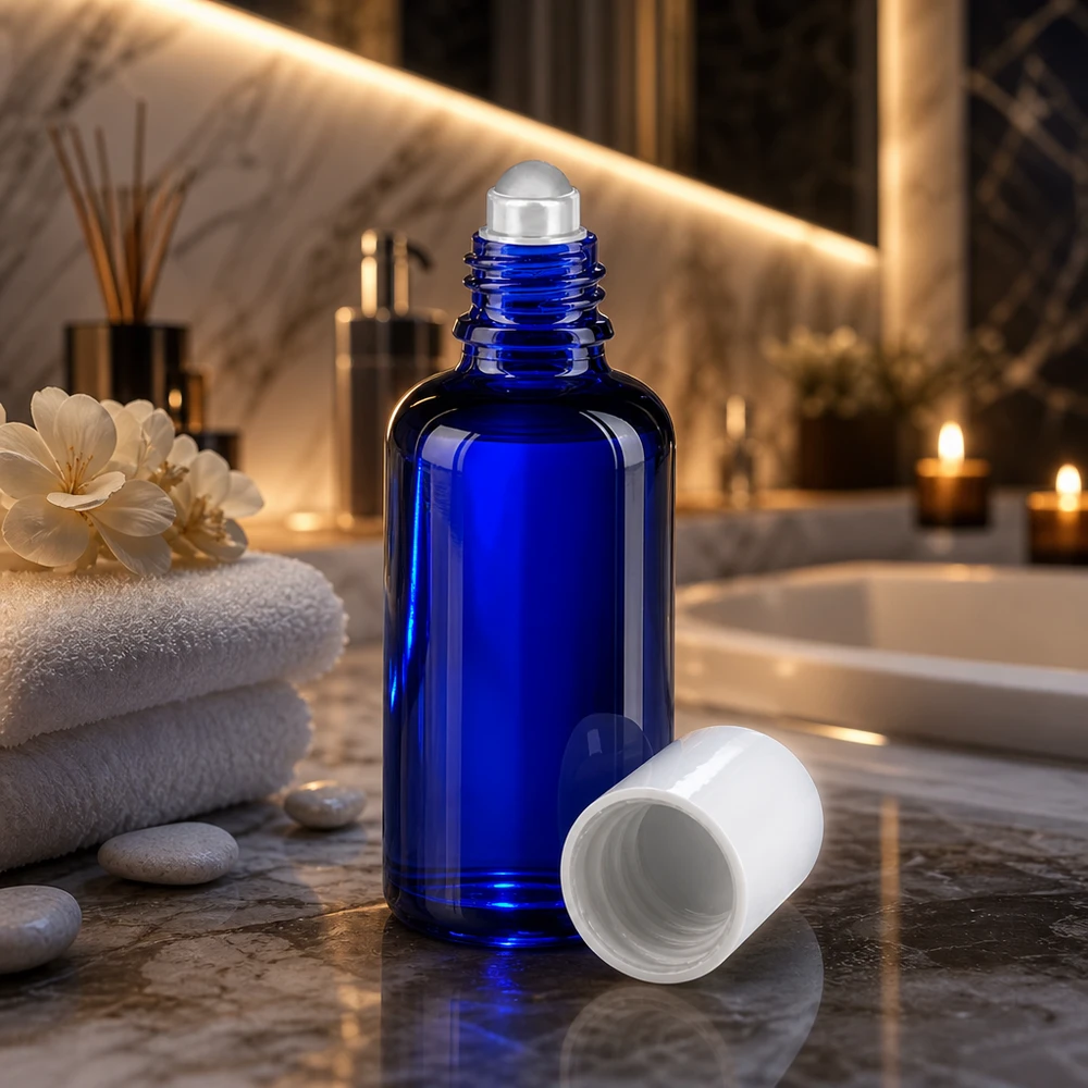 Apothekenflasche blau 50ml Roll-On Verschluss weiß Zylindrische 50ml Roll-On Flasche in Blau mit mattem Rollball und geöffnetem Weißdeckel