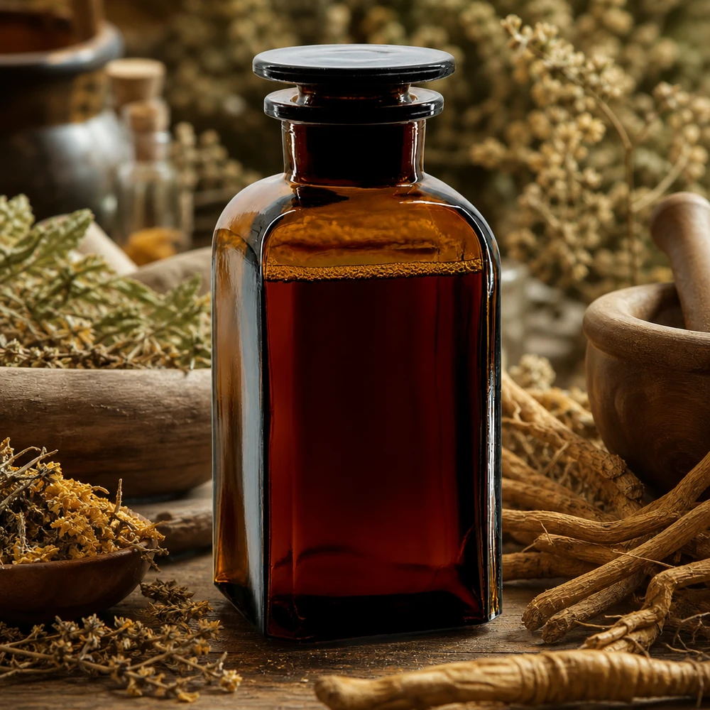 Historische Vierkantflasche 350ml braun mit breitem Hals und Glasstopfen für die Naturheilkunde