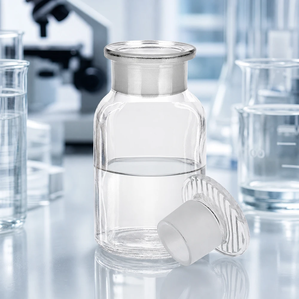 Laborglasflasche Rundschulter 100ml klar Weithals mit aufsitzendem Glasstopfen säurefest