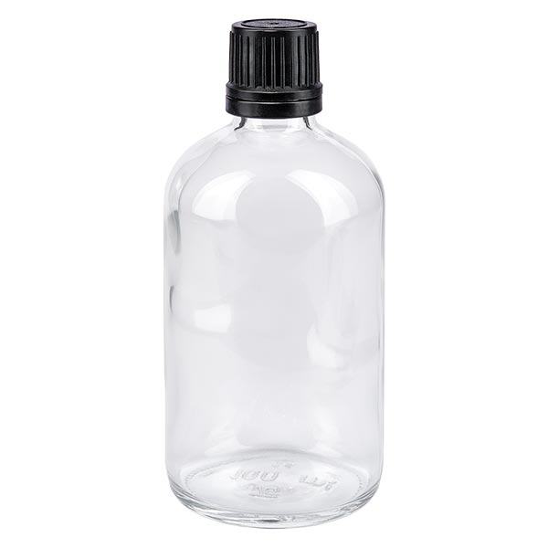Apothekenflasche klar 100ml Tropfverschluss Premium 1mm schwarz Originalitätsverschluss