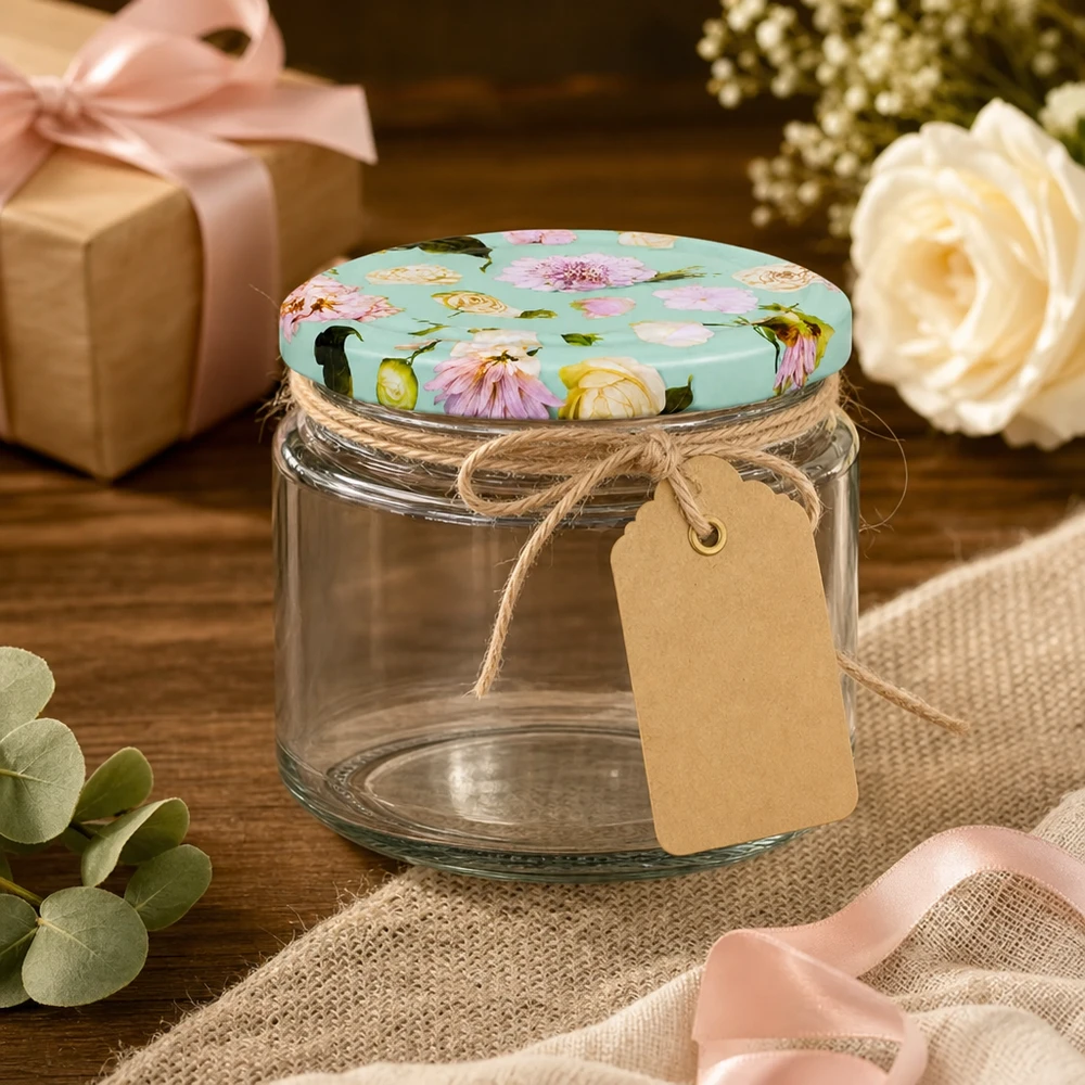 330ml Rundglas BasicSeal Deckel Blume mint Geschenkverpackung Dekoration Juteseil Anhänger romantisch