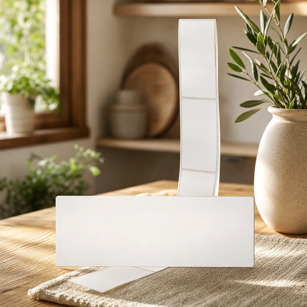 20er Pack Etiketten 54 x 154.5mm zum Beschriften Leere Beschriftungsetiketten 54x154,5mm in natürlicher Wohnumgebung mit Pflanze und warmem Tageslicht präsentiert