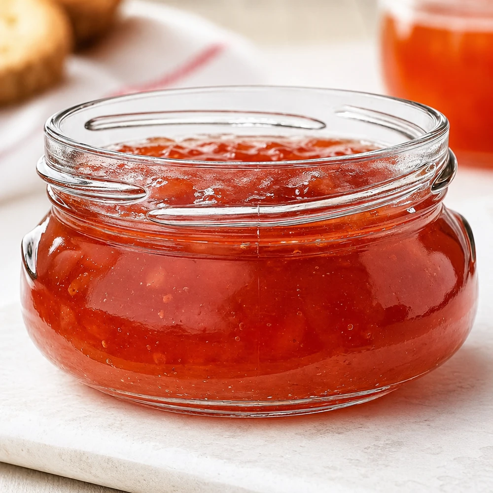 120ml Terrinenglas ohne Deckel (TO70) UNiTWIST UNiTWIST Terrina120 Terrinenglas 120ml TO70 mit roter Marmelade gefüllt auf weißem Holzbrett