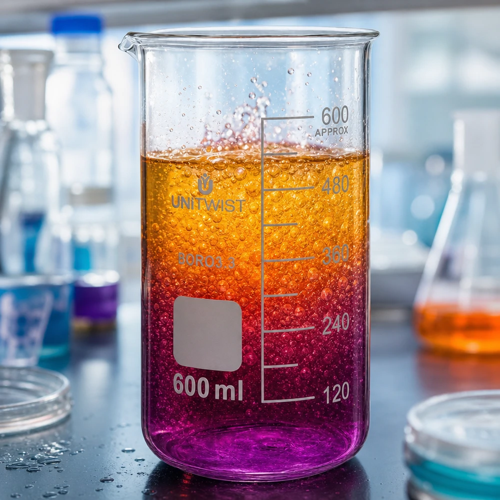 Becherglas 600ml Borosilikat, hohe Form UNiTWIST Becherglas 600ml hohe Form UNITWIST Boro 3.3 mit zweifarbigem Flüssigkeitsinhalt pink orange