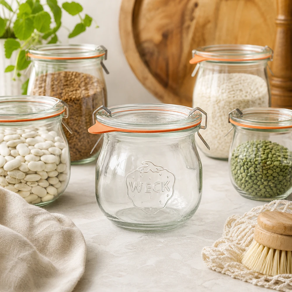 WECK Tulpenglas 75ml RR40 in natürlicher Küchen-Szenerie zwischen Vorratsgläsern mit Hülsenfrüchten und Getreide