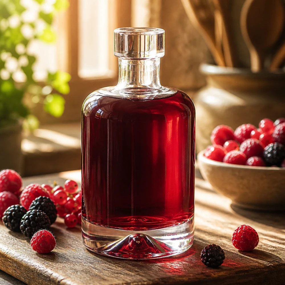50ml Glasflasche "Attila" ohne Verschluss UNiTWIST® 50ml Glasflasche Amelie mit rotem Beerenlikör befüllt umgeben von frischen Himbeeren und Brombeeren zeigt edle Spirituos
