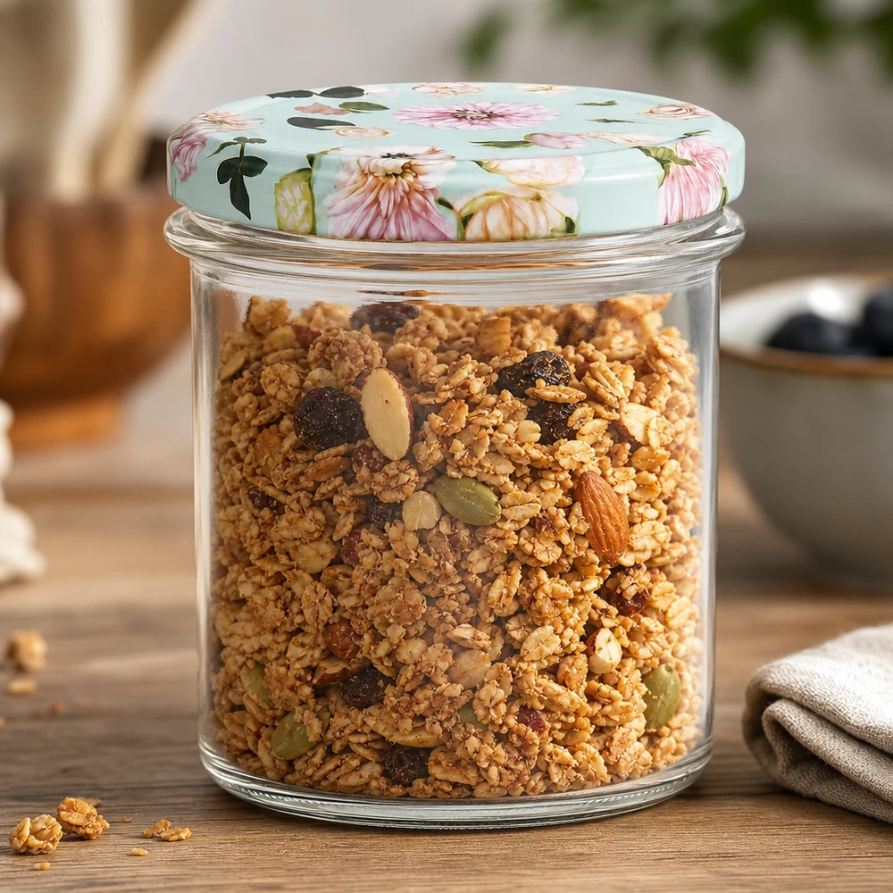 350ml Sturzglas mit BasicSeal Deckel Blumenmuster mint gefüllt mit Müsli, praktische Vorratsdose für Küche
