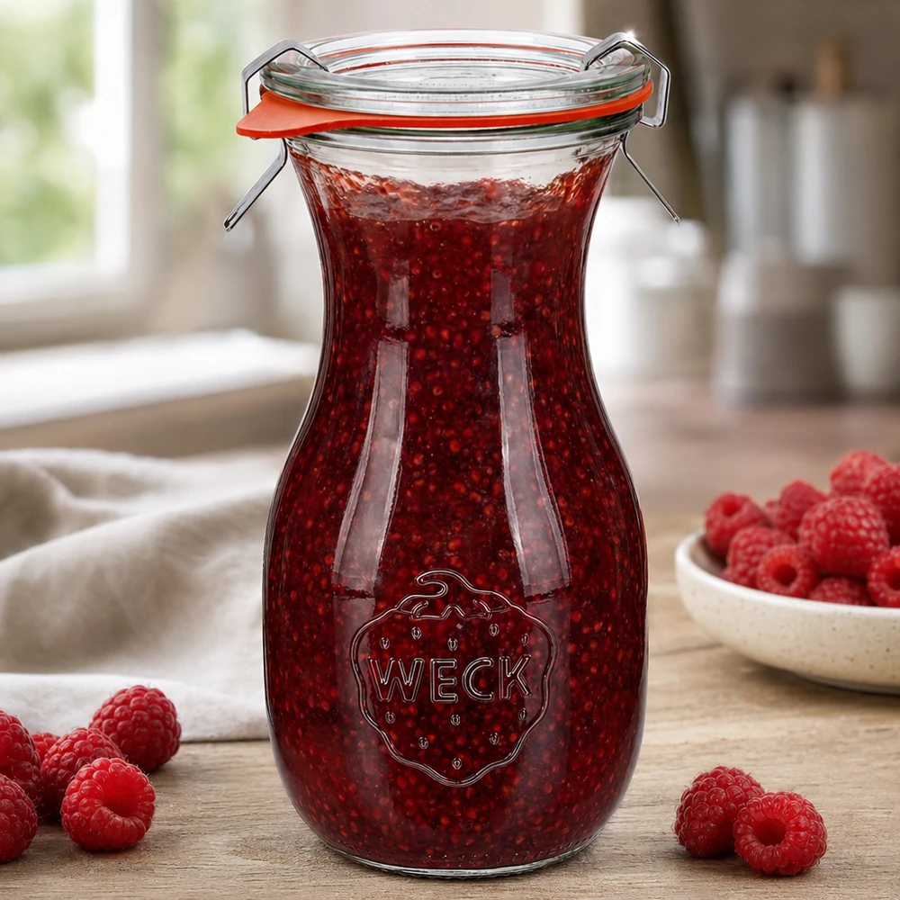 290ml Saftflasche komplett WECK RR60 WECK Saftflasche 290ml RR60 gefüllt mit Himbeermarmelade und Bügelverschluss auf Holztisch mit frischen Himbeeren