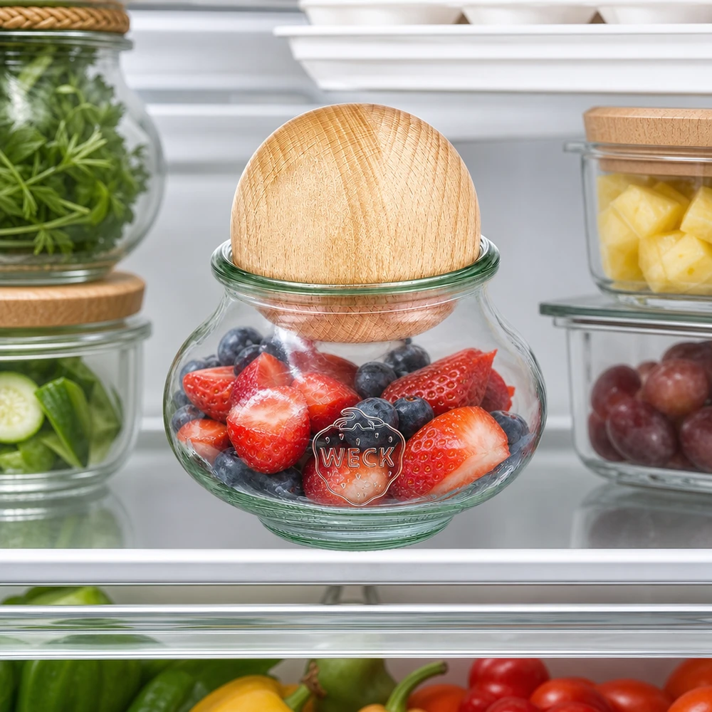 560ml Schmuckglas WECK RR80 mit Holzkugel Buche WECK Schmuckglas 560ml RR80 Kühlschrank Aufbewahrung Beeren Obst Holzkugel Buche Frischhaltung Kühlschrankorganisation
